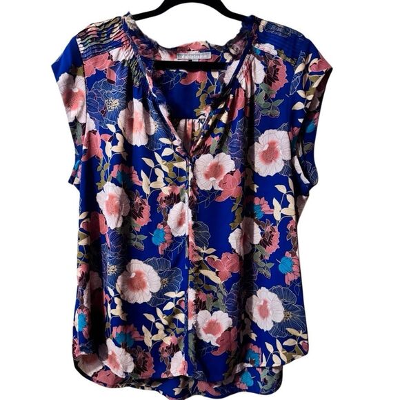 Daniel Rainn- Bernal Split Neck Blouse Blue Floral, Size XL - Picture 1 of 6